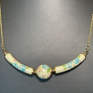Vintage Multicolor Floral Transferware Ball Bar Pendant Necklace Gold Tone 17”